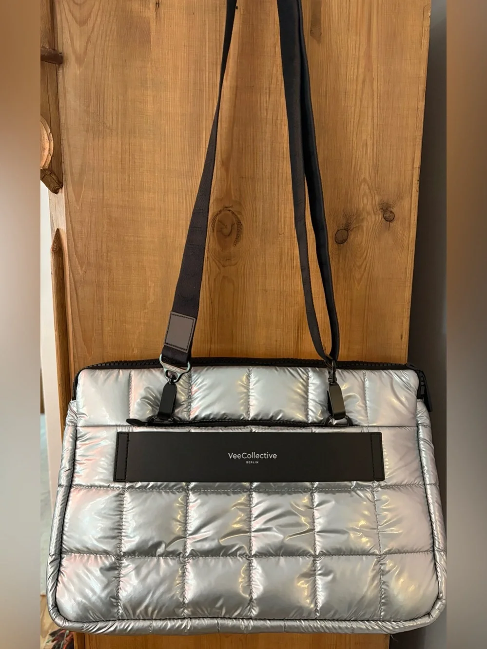 VeeCollective Porter Quilted Laptop Sleeve- Metallic Silver (fits up to 16”)